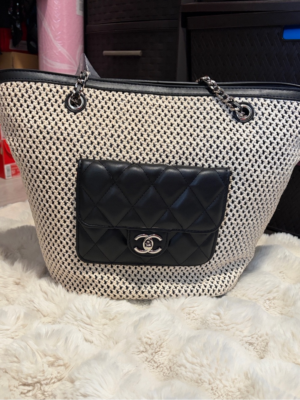 Black & Cream Woven Tote with Quilted Front Pocket